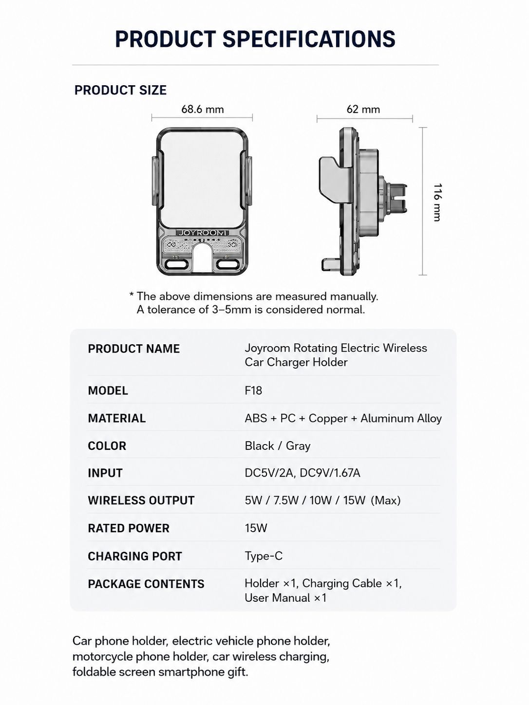 Smart Auto-Clamping 15W Wireless Car Charger & Phone Holder with Infrared Sensor and 360° Rotation