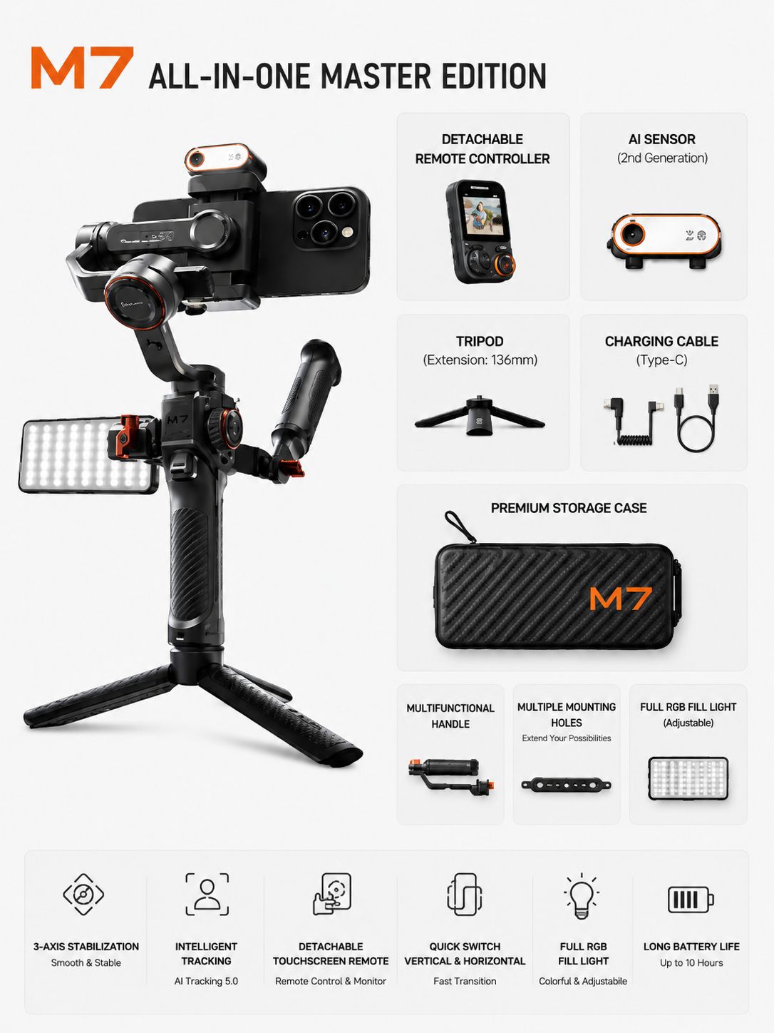 Hohem iSteady M7 Gimbal Stabilizer for Smartphone, Magnetic AI Tracker Fill Light, Detachable Touchscreen Remote Controller, Built-in Extension Rod, 500g Payload