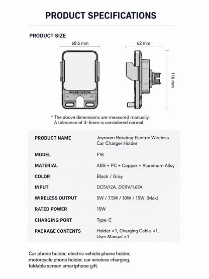 Smart Auto-Clamping 15W Wireless Car Charger & Phone Holder with Infrared Sensor and 360° Rotation