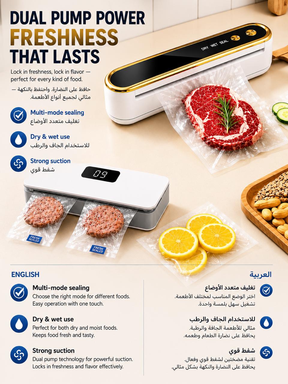 Vacuum sealer with food packaging on a kitchen counter, featuring text about its features.