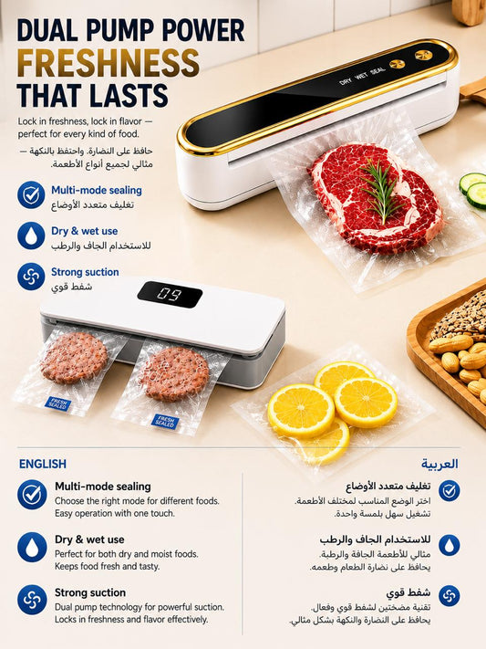 Vacuum sealer with food packaging on a kitchen counter, featuring text about its features.