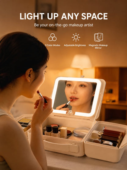 2026 New Makeup Bag with 3C LED Lighted Mirror, Large Capacity Tech-Style Cosmetic Storage Case, Portable Foldable Vanity Organi