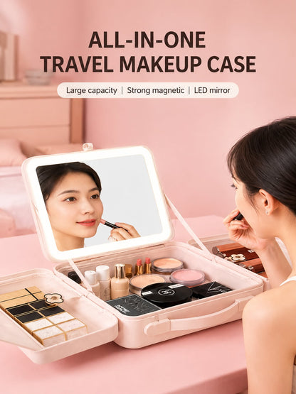2026 New Makeup Bag with 3C LED Lighted Mirror, Large Capacity Tech-Style Cosmetic Storage Case, Portable Foldable Vanity Organi