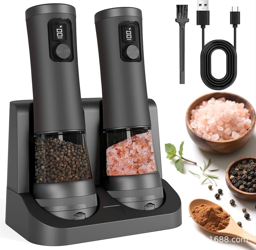 2 Pack Salt And Pepper Grinder, Rechargeable Base, Battery Display, 5-Level Adjustable Grinding, Stainless Steel Salt Shakers, مطحنة فلفل for Kitchen, Restaurant, Outdoor