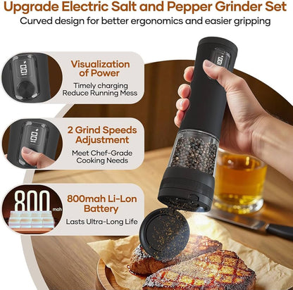 2 Pack Salt And Pepper Grinder, Rechargeable Base, Battery Display, 5-Level Adjustable Grinding, Stainless Steel Salt Shakers, مطحنة فلفل for Kitchen, Restaurant, Outdoor