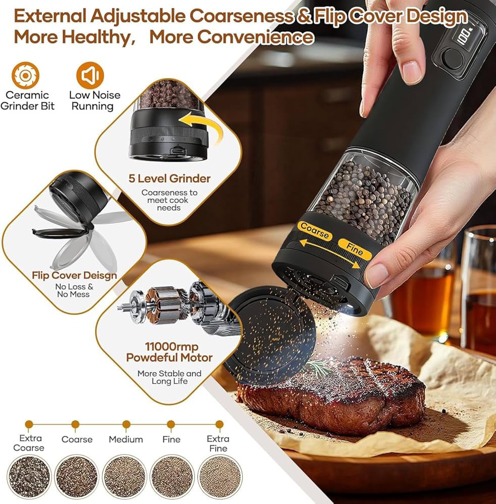2 Pack Salt And Pepper Grinder, Rechargeable Base, Battery Display, 5-Level Adjustable Grinding, Stainless Steel Salt Shakers, مطحنة فلفل for Kitchen, Restaurant, Outdoor