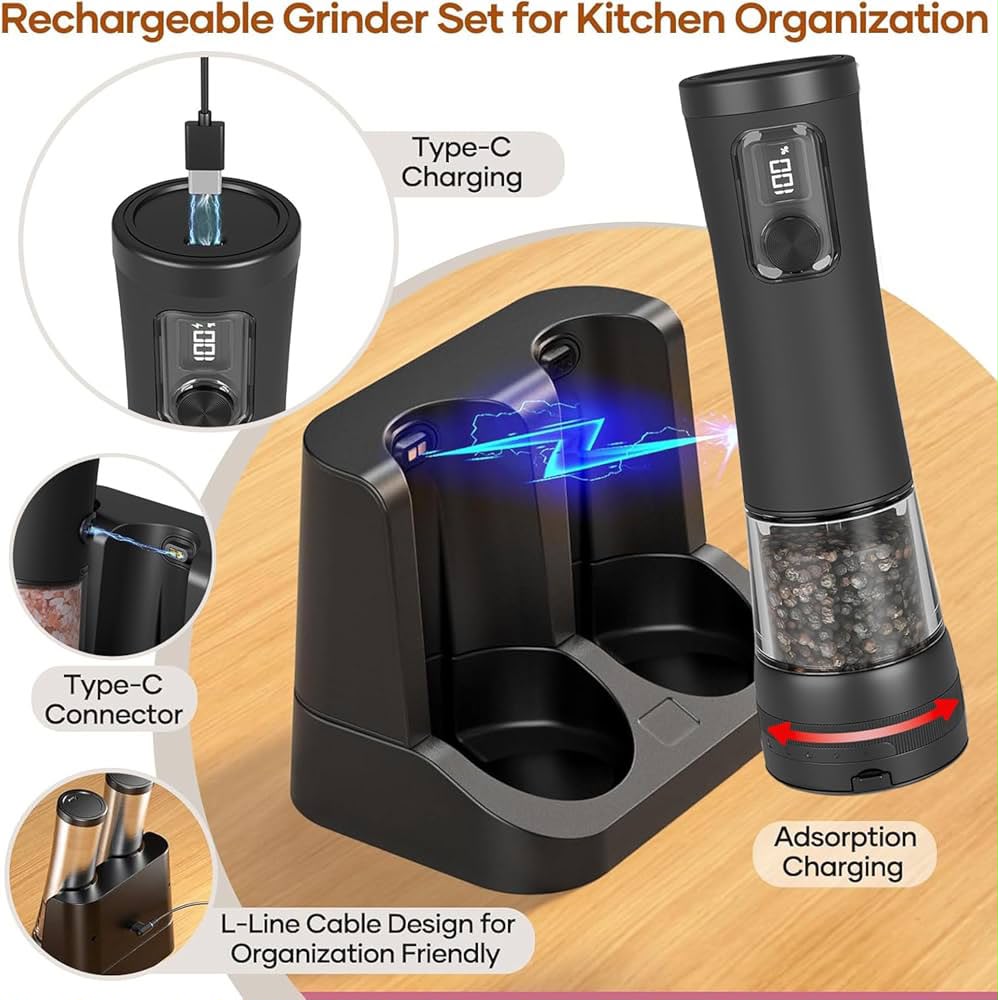 2 Pack Salt And Pepper Grinder, Rechargeable Base, Battery Display, 5-Level Adjustable Grinding, Stainless Steel Salt Shakers, مطحنة فلفل for Kitchen, Restaurant, Outdoor