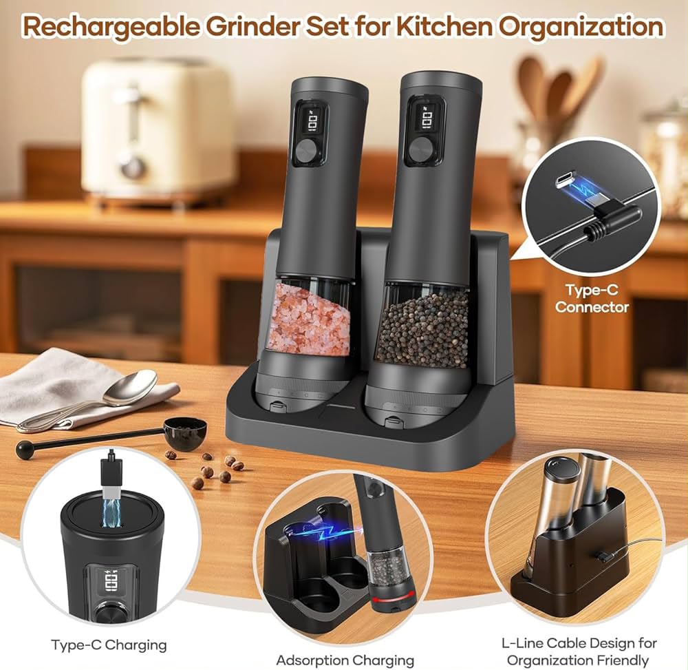 2 Pack Salt And Pepper Grinder, Rechargeable Base, Battery Display, 5-Level Adjustable Grinding, Stainless Steel Salt Shakers, مطحنة فلفل for Kitchen, Restaurant, Outdoor