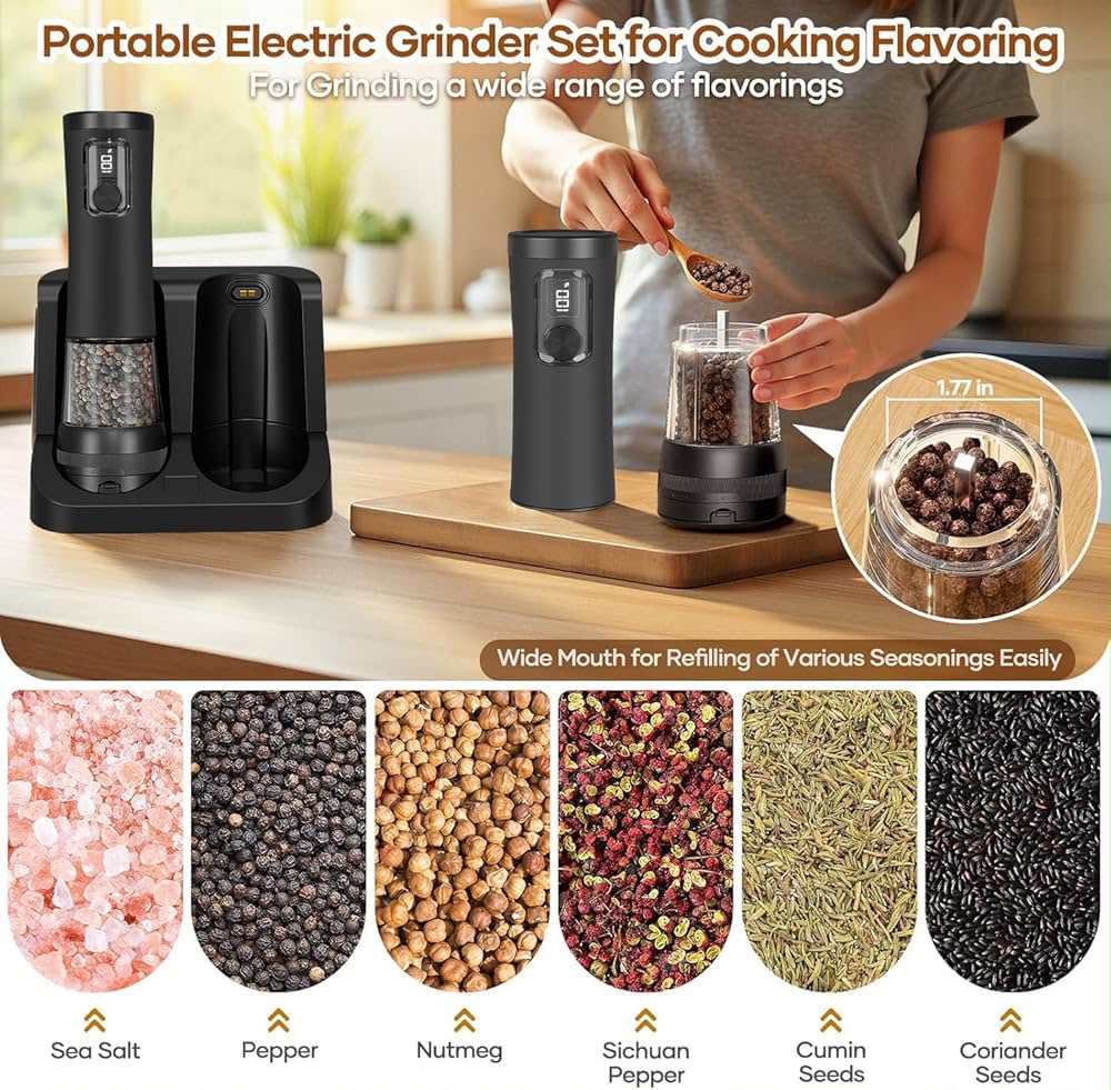 2 Pack Salt And Pepper Grinder, Rechargeable Base, Battery Display, 5-Level Adjustable Grinding, Stainless Steel Salt Shakers, مطحنة فلفل for Kitchen, Restaurant, Outdoor
