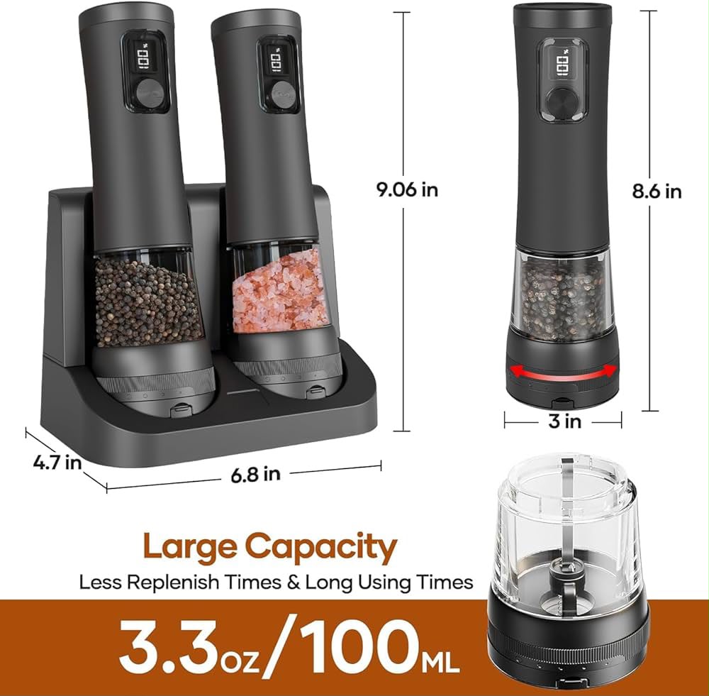 2 Pack Salt And Pepper Grinder, Rechargeable Base, Battery Display, 5-Level Adjustable Grinding, Stainless Steel Salt Shakers, مطحنة فلفل for Kitchen, Restaurant, Outdoor