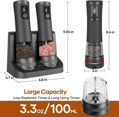 2 Pack Salt And Pepper Grinder, Rechargeable Base, Battery Display, 5-Level Adjustable Grinding, Stainless Steel Salt Shakers, مطحنة فلفل for Kitchen, Restaurant, Outdoor