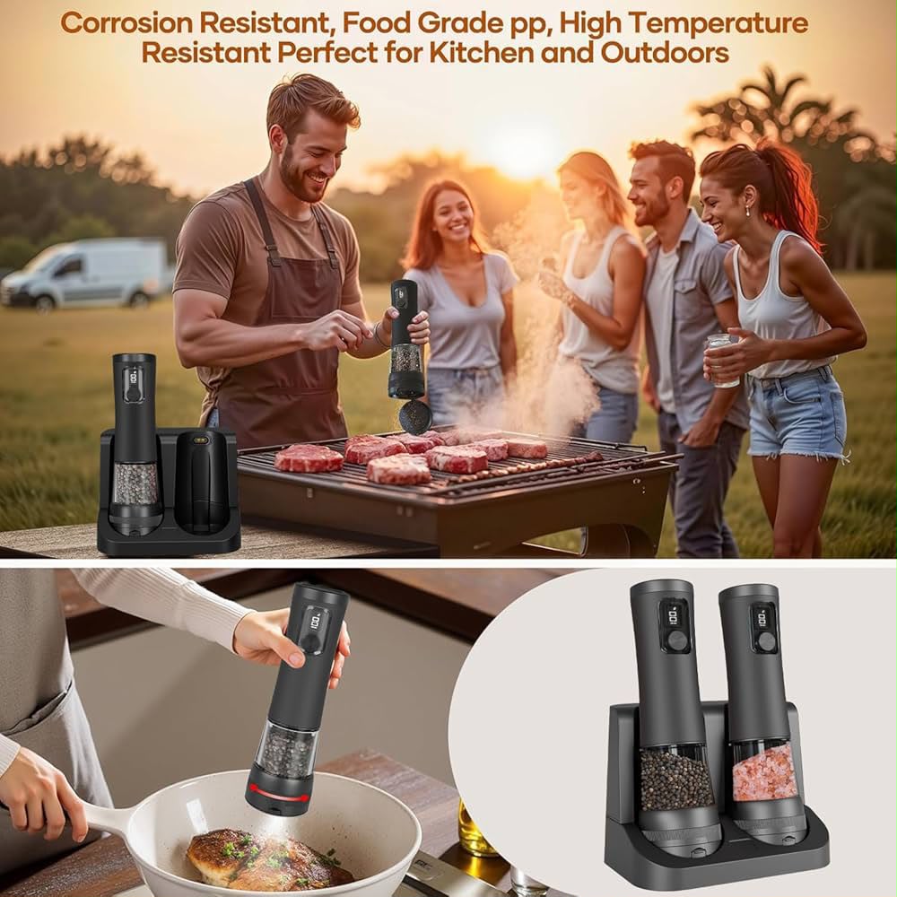 2 Pack Salt And Pepper Grinder, Rechargeable Base, Battery Display, 5-Level Adjustable Grinding, Stainless Steel Salt Shakers, مطحنة فلفل for Kitchen, Restaurant, Outdoor
