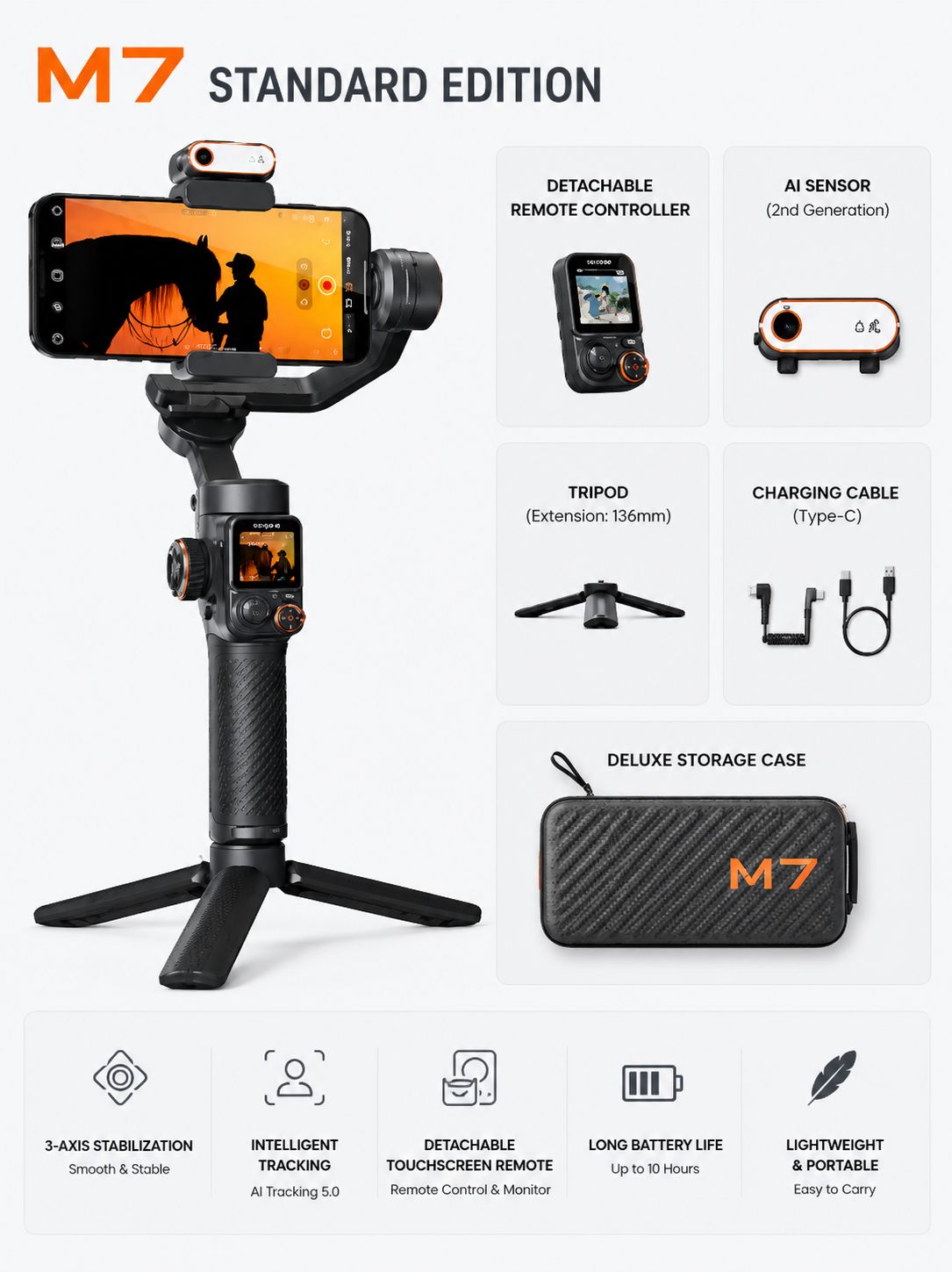 Hohem iSteady M7 Gimbal Stabilizer for Smartphone, Magnetic AI Tracker Fill Light, Detachable Touchscreen Remote Controller, Built-in Extension Rod, 500g Payload