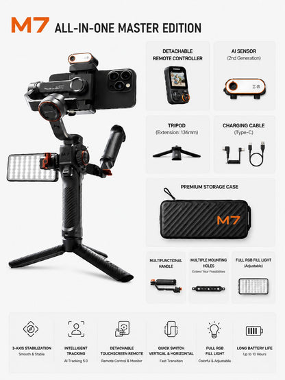 Hohem iSteady M7 Gimbal Stabilizer for Smartphone, Magnetic AI Tracker Fill Light, Detachable Touchscreen Remote Controller, Built-in Extension Rod, 500g Payload